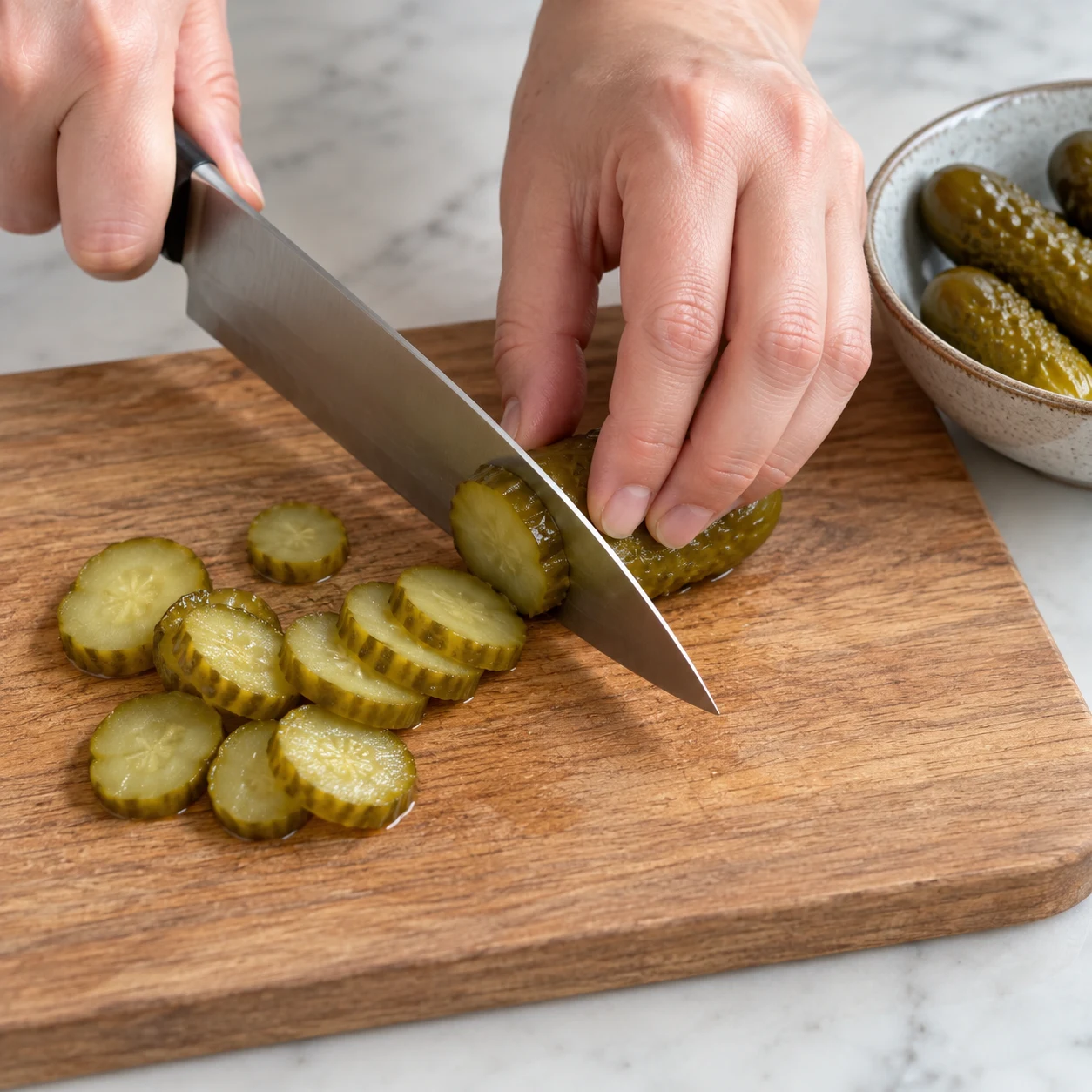Une image carrée de l’action « Couper les cornichons de garniture », avec seulement les ingrédients autorisés à cette étape, dans leur état réel. Les cornichons de garniture sont coupés en rondelles. Mains anonymes si le geste le nécessite, aucun visage ni texte.