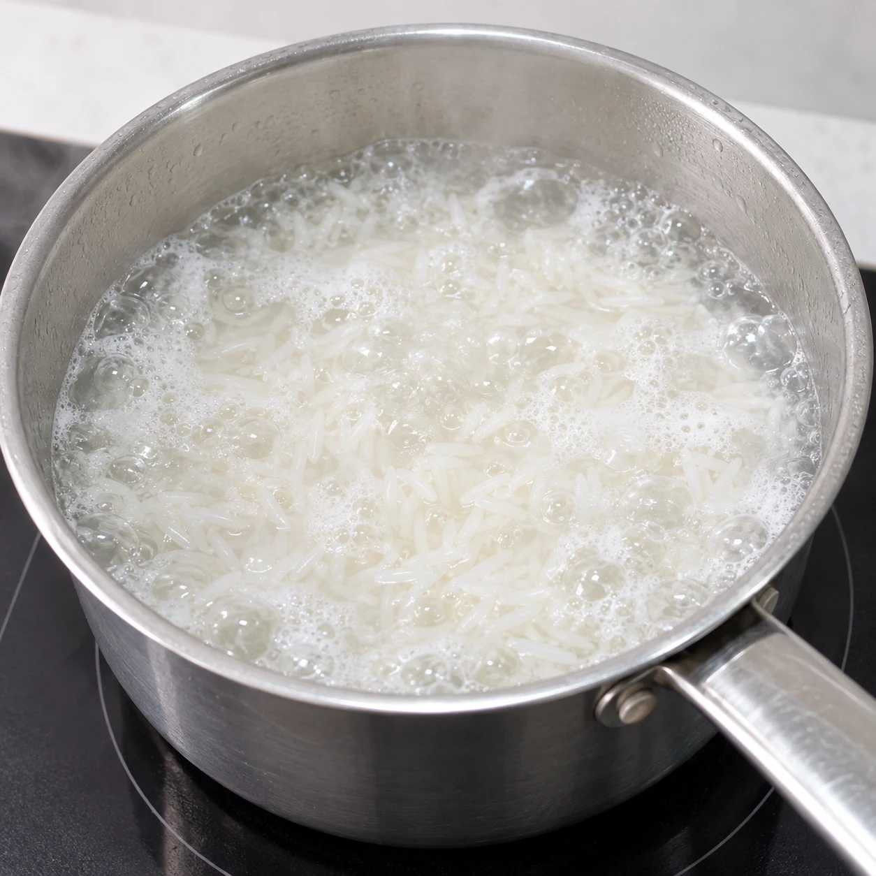 Gros plan de riz et d’eau en ébullition dans une casserole.