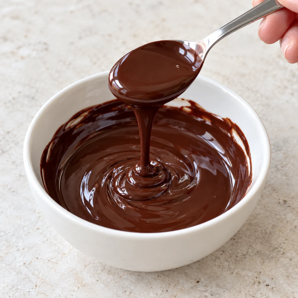 Bol de chocolat noir fondu, cuillère soulevant un ruban lisse, noix absentes de cette étape.