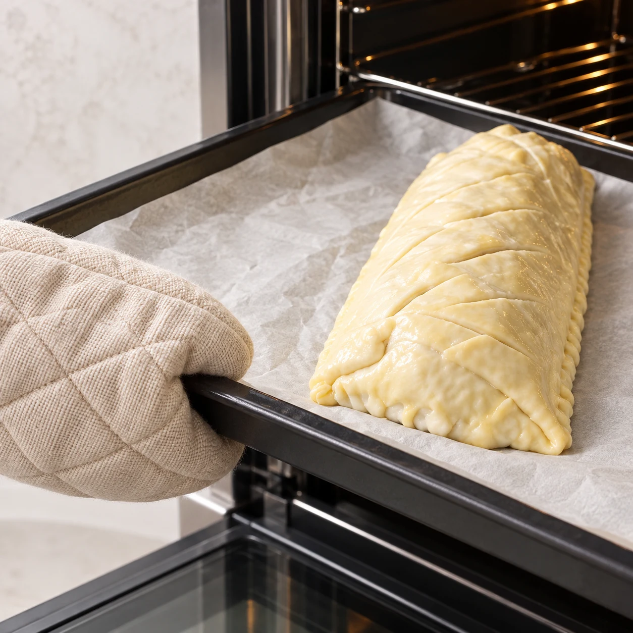 Feuilleté entrant dans un four, forme identique à la recette d’origine.