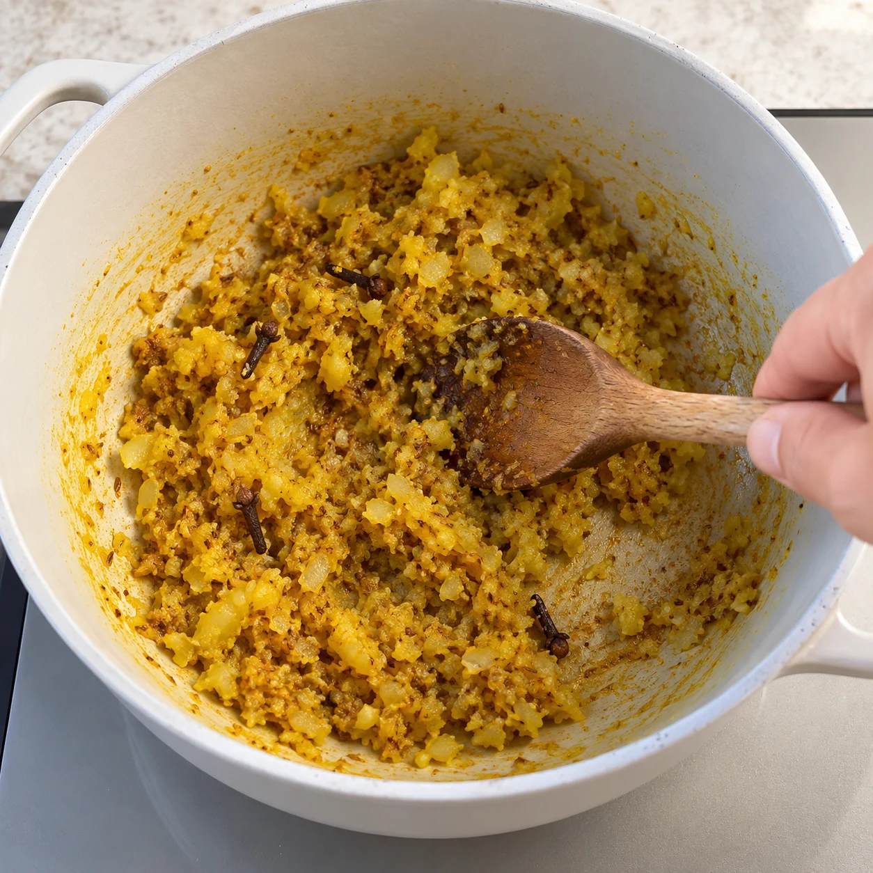 Pâte oignon gingembre jaune avec cumin, cannelle, curcuma et clous de girofle entiers, remuée dans cocotte blanche ; aucune étoile de badiane.