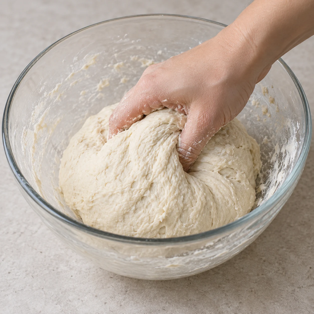 Assembler la pâte. La farine est incorporée et la pâte forme une masse souple. Respecter la capture source ; chorizo et cheddar uniquement végétaux, aucune autre garniture.