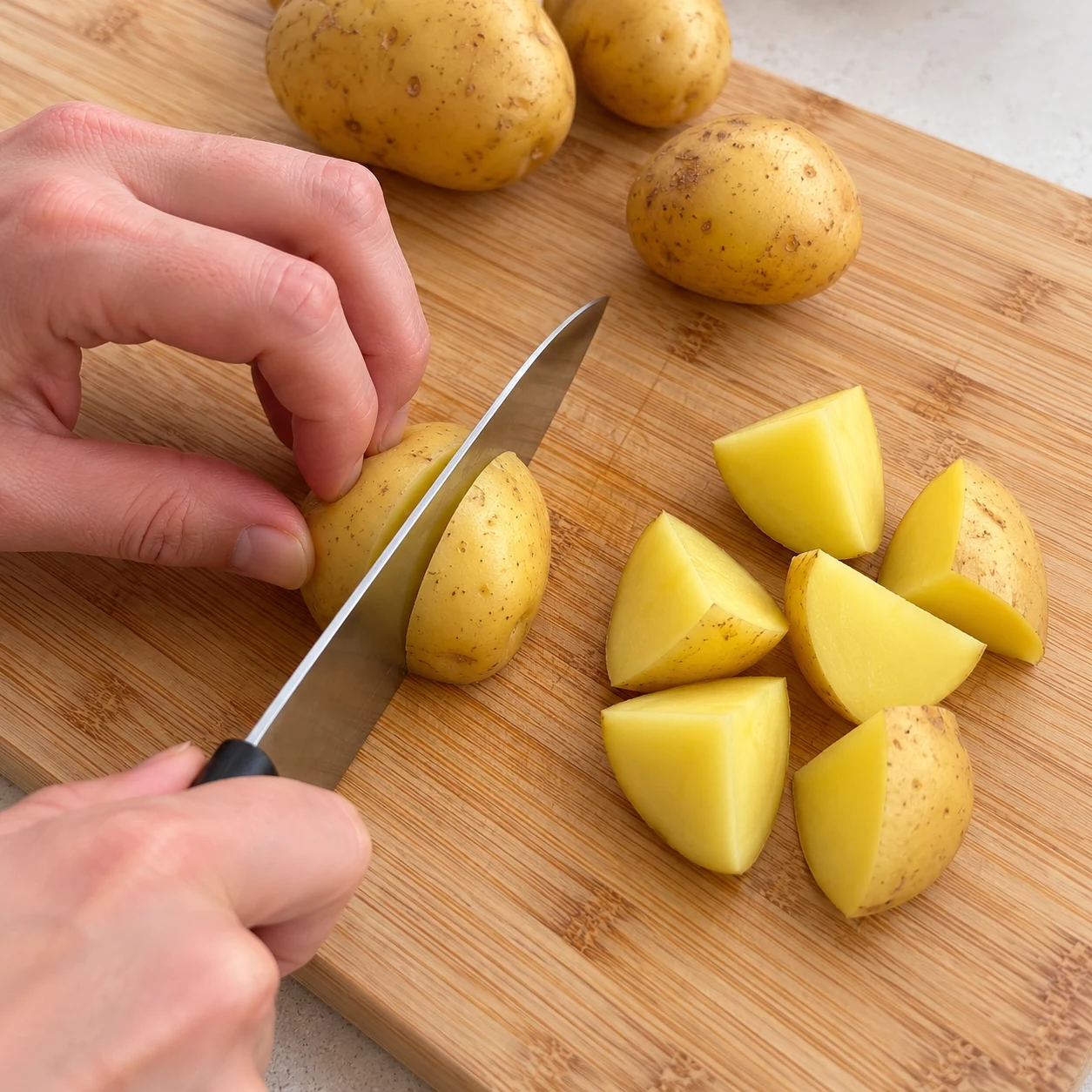 Geste sûr de découpe de petites pommes de terre avec peau en six quartiers.