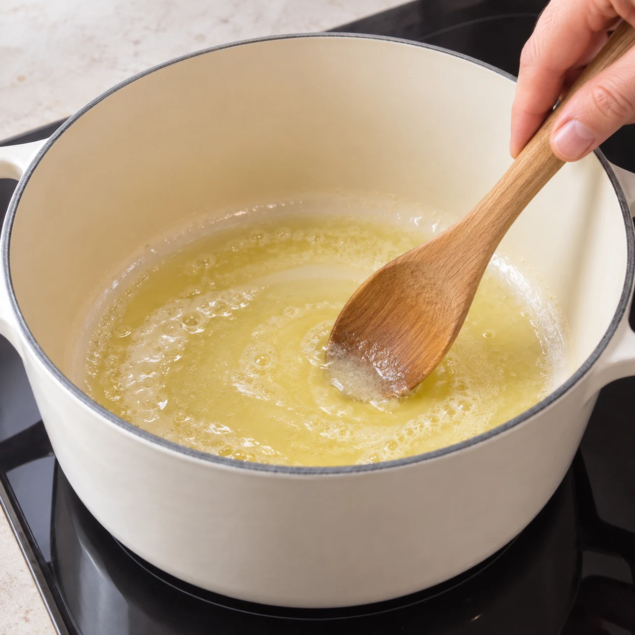 Faire fondre la margarine : La margarine est fondue au fond de la cocotte.