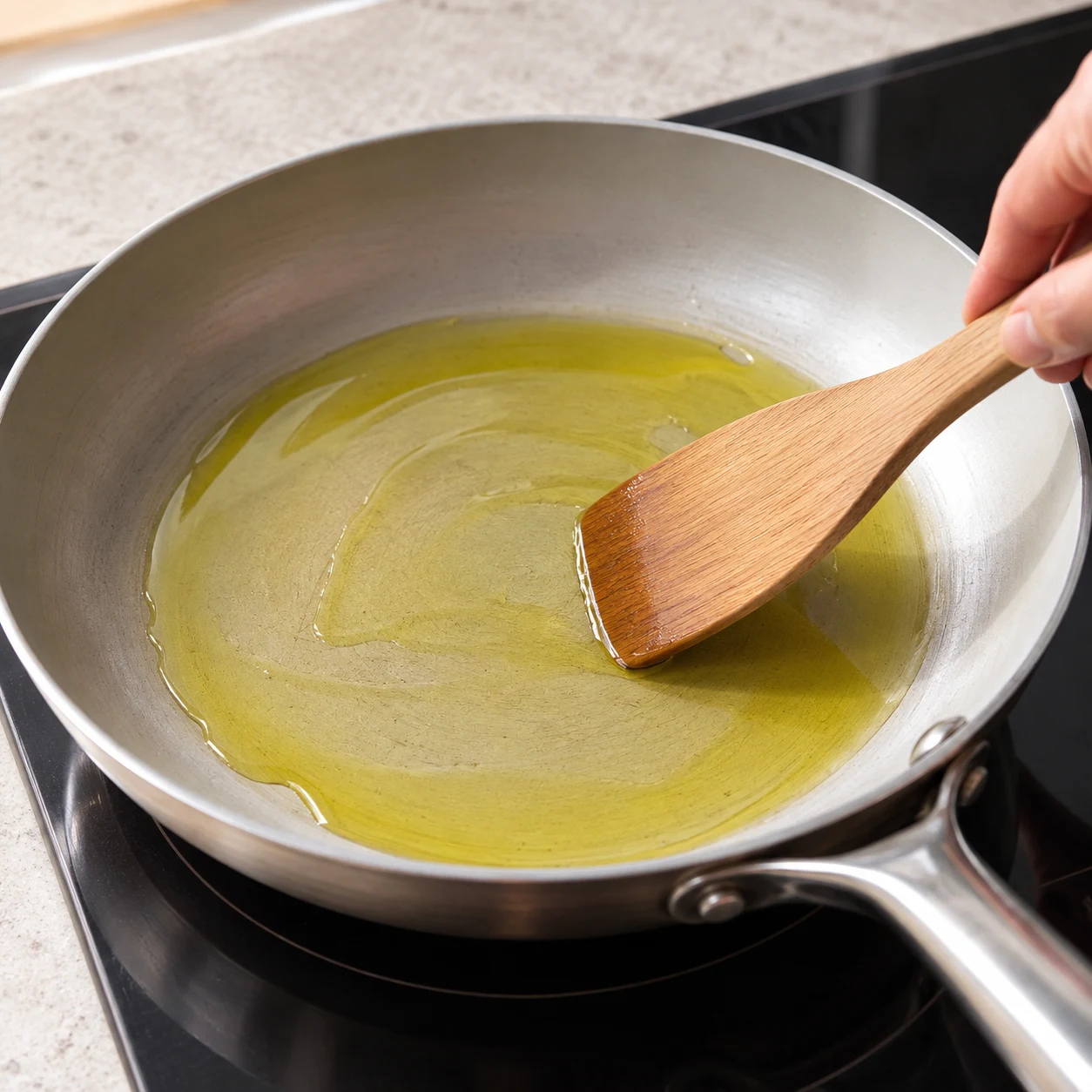 Fine couche d’huile d’olive dans une poêle sur la plaque de cuisson.