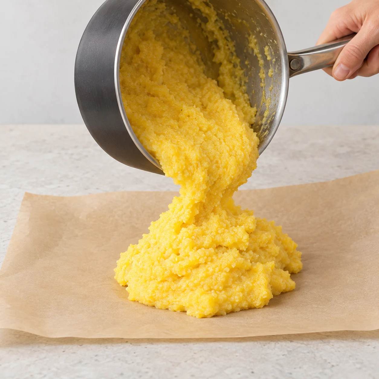Une casserole verse une masse jaune épaisse de polenta sur du papier sulfurisé.