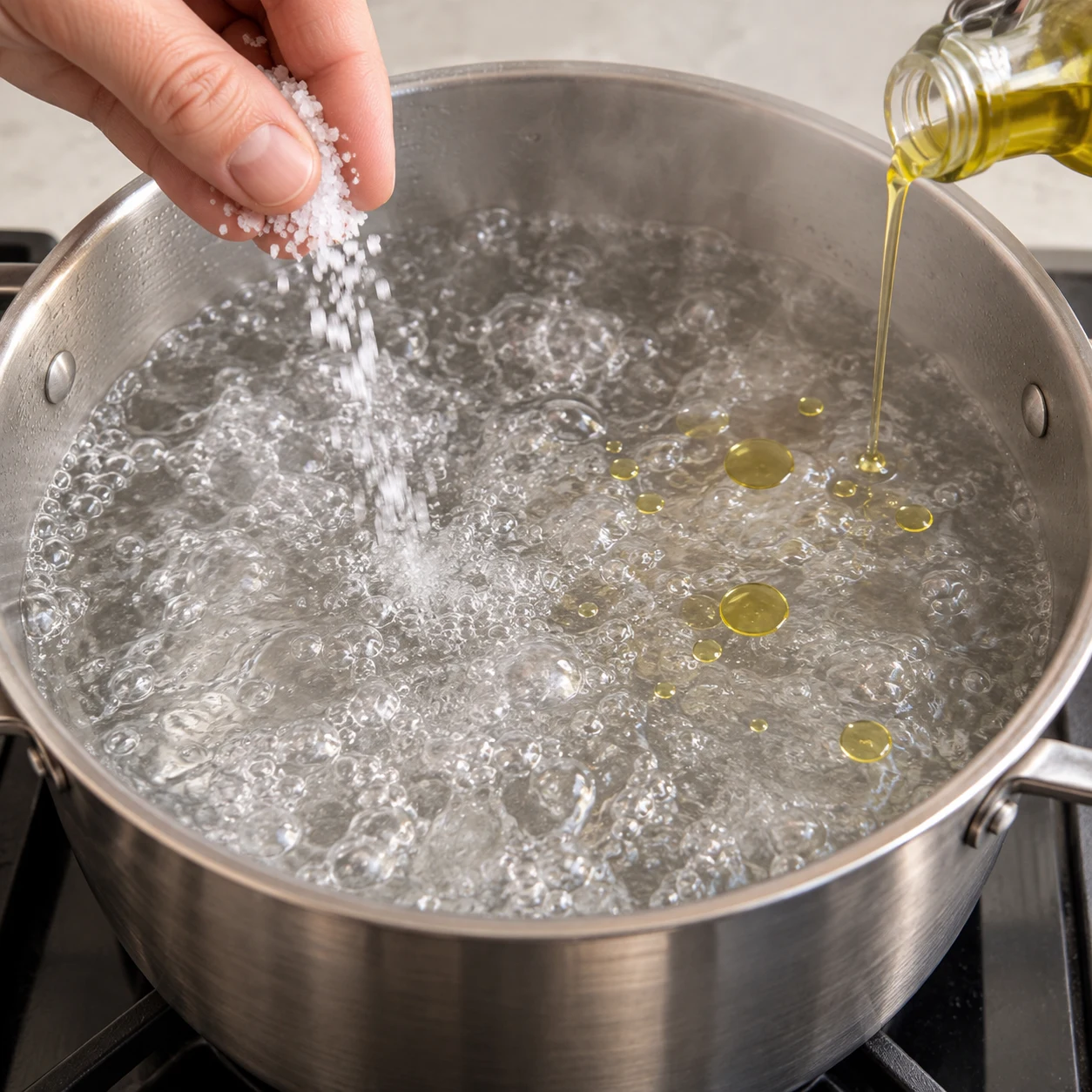 Portez un grand volume d’eau à ébullition avec du sel et un tout petit peu d’huile d’olive, comme dans la source. Montrer seulement l’action et cet état de cuisson.