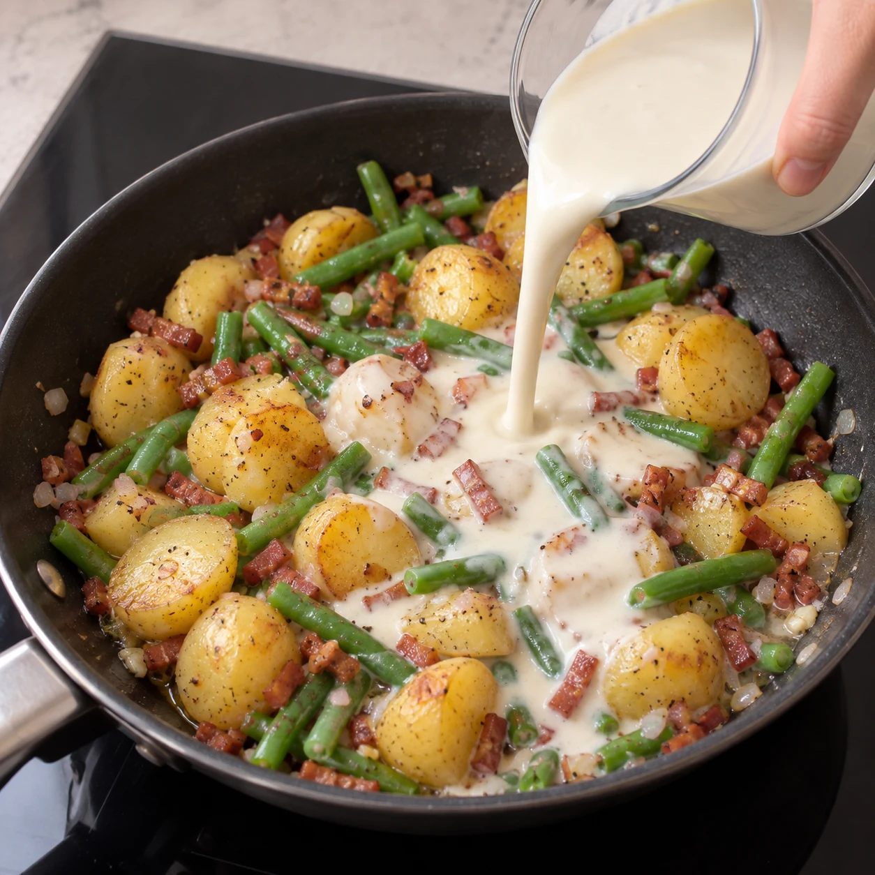 Ajouter la crème de soja : Versez les 250 ml de crème de soja cuisine dans la poêle. Résultat : La crème rejoint les légumes et les lardons végétaux.