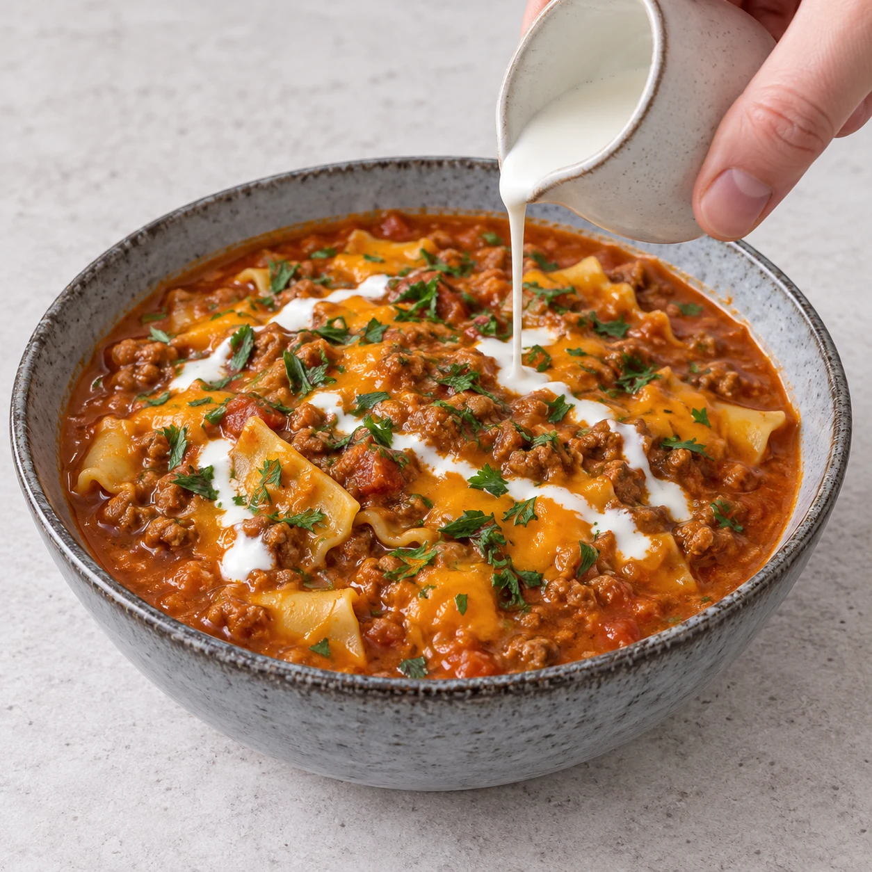 Dépose un peu de crème de soja cuisine en petites touches ou en filet sur chaque assiette. Cette finition plus fluide remplace le cœur de burrata de la source. Montrer seulement les ingrédients de cette phase ; mains anonymes, sauteuse grise et plan de travail pierre pâle.
