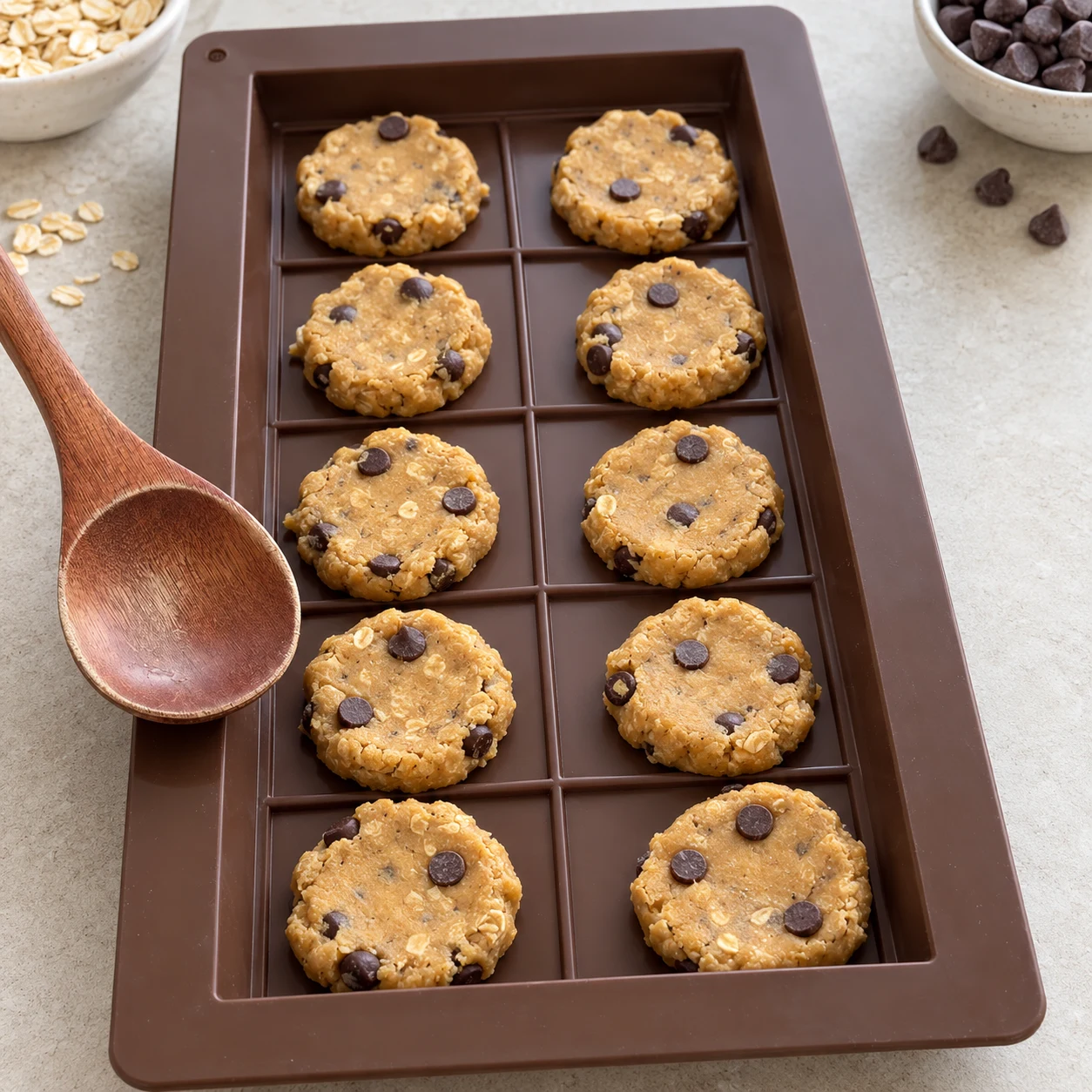 Moule à tablette en silicone brun dont le fond porte des palets plats de pâte à cookie dorée piquetés de pépites, cuillère en bois posée au bord.