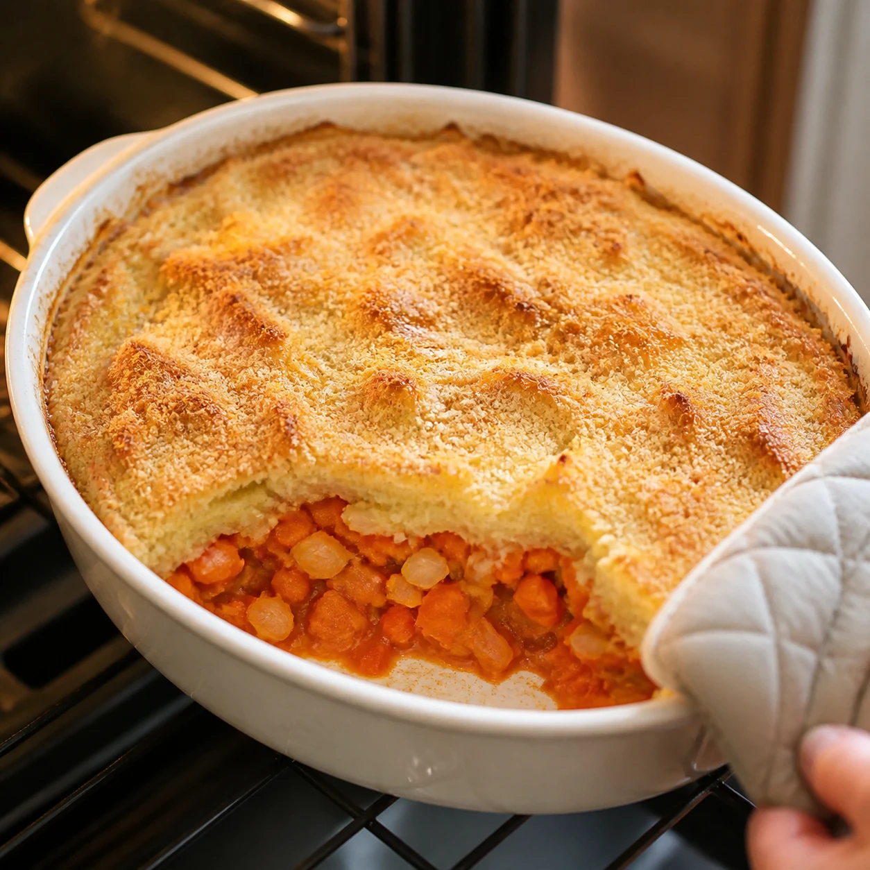 Hachis parmentier tout juste gratiné, purée dorée et chapelure croustillante dans un plat familial.