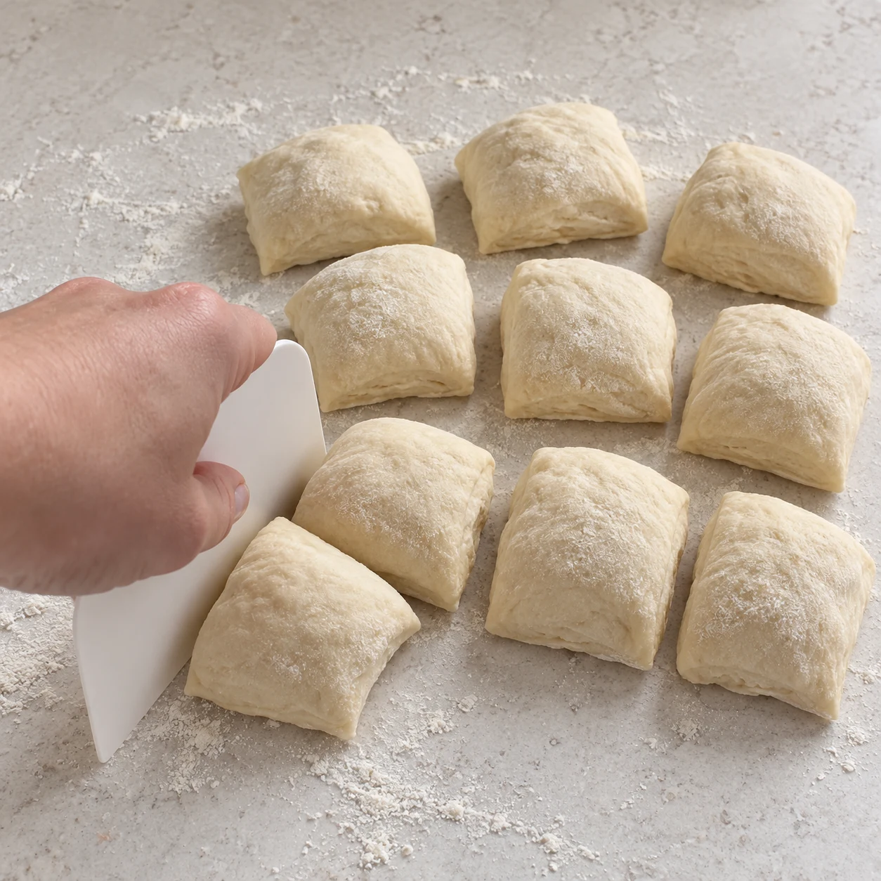 Diviser en dix pâtons. Dix pâtons sont prêts à être étalés.