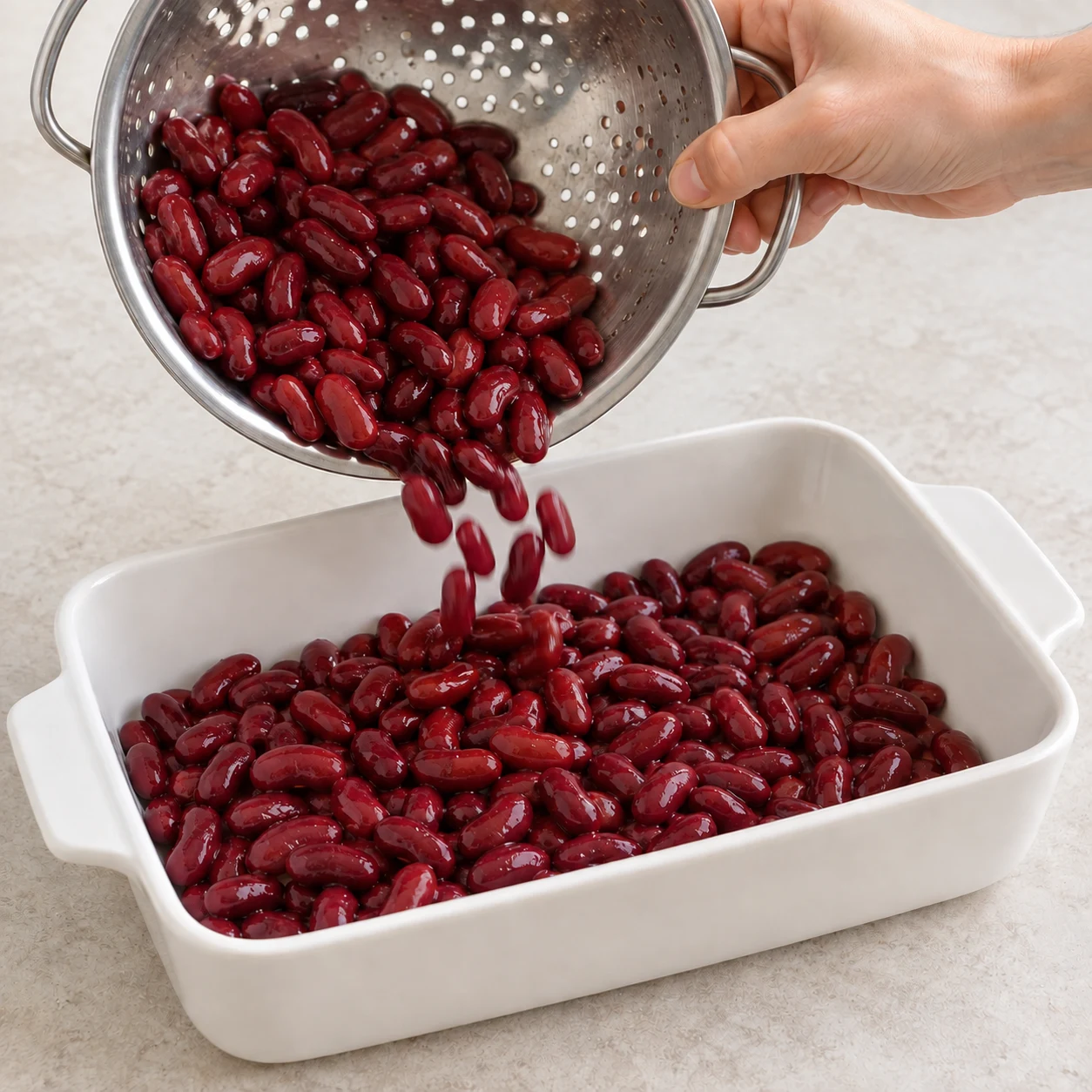 Versez 300 g de haricots rouges égouttés dans un plat allant au four.
