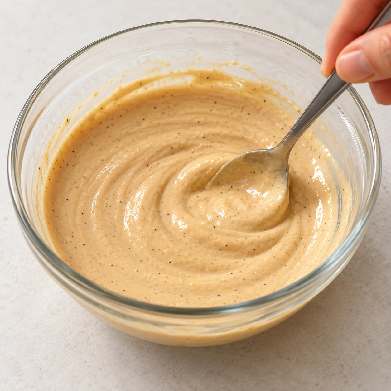 Cuillère mélangeant une sauce beige crémeuse dans un bol ; aucun fromage animal.