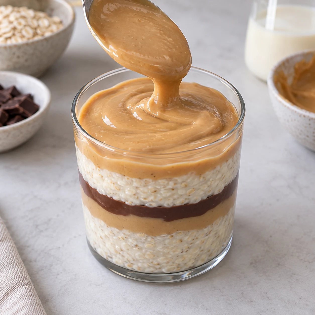 Photographie de cette seule phase : Verser le reste de ganache sur la deuxième couche de porridge. État final : La seconde couche de porridge est recouverte de ganache beige. Recette bis : base à l’avoine crémeuse, sans graines de chia ni poudre protéinée. Référence originale pour le montage, adaptation documentée pour les ingrédients.
