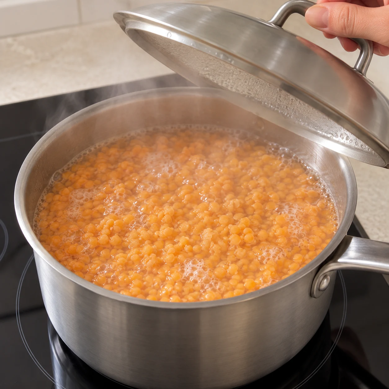Casserole neutre contenant les lentilles corail dans leur eau de cuisson, légèrement frémissante ; une main anonyme soulève le couvercle. Aucune sauce, aucun épinard, aucune épice.
