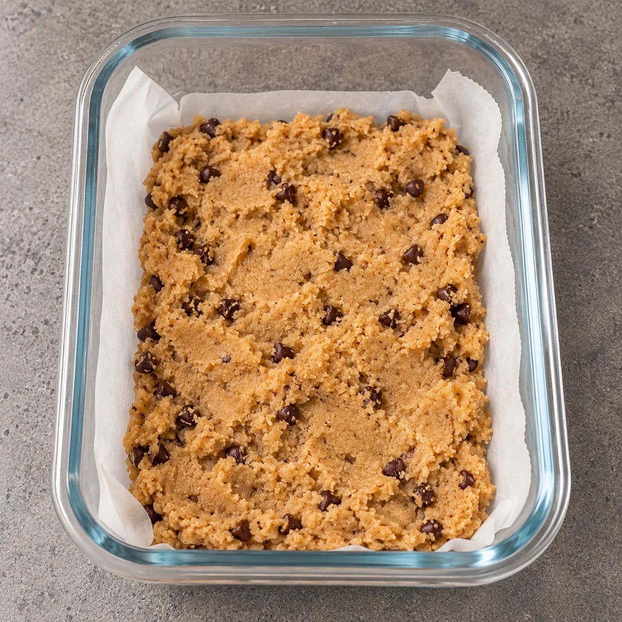 Transfère la pâte dans un plat rectangulaire tapissé de papier cuisson, comme celui visible dans le Reel. État à montrer : La pâte est dans le plat rectangulaire.