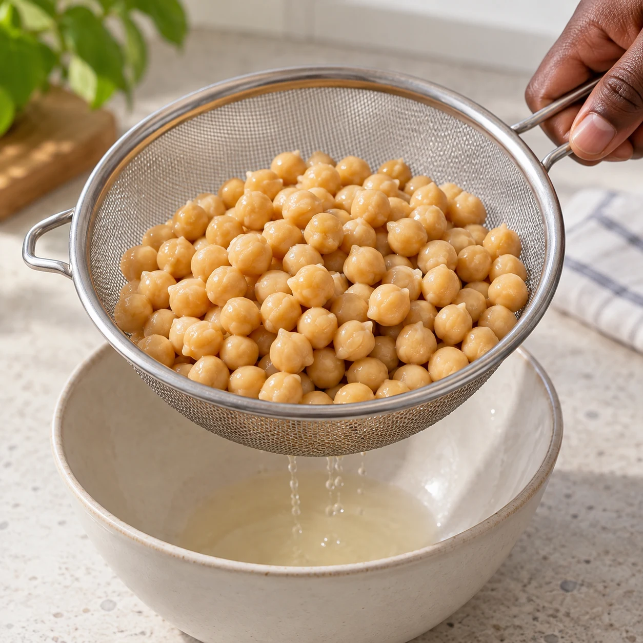 Pois chiches cuits beige dans une passoire au-dessus d’un bol neutre, sans pâte ni aromates.