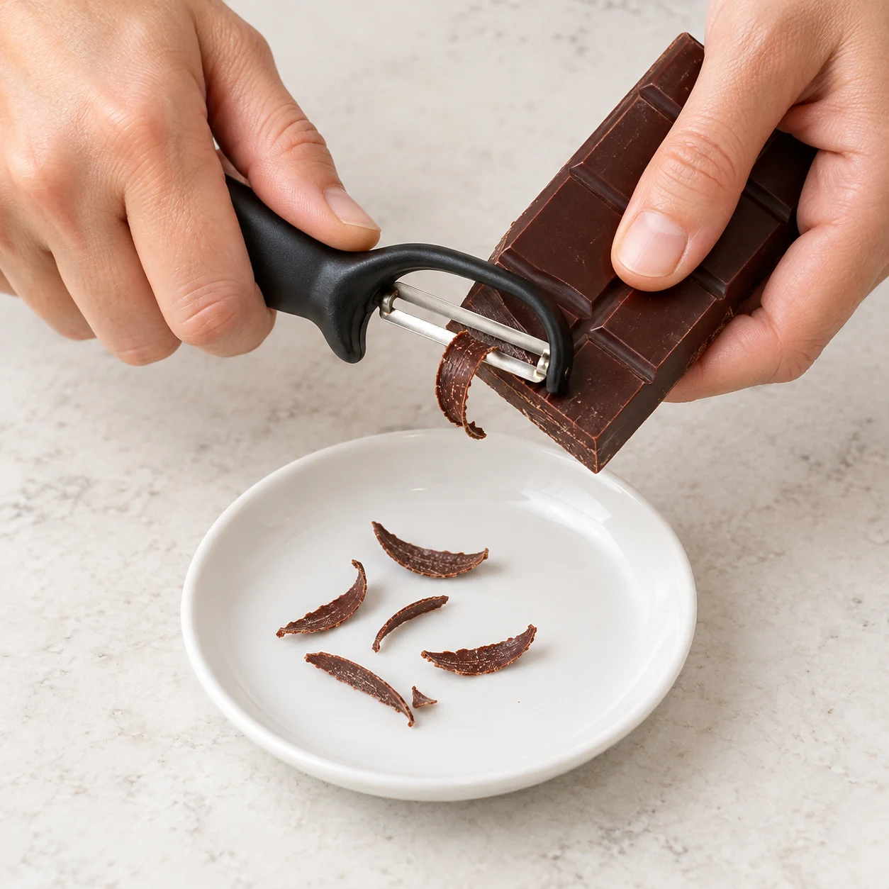 Copeaux de chocolat noir préparés au-dessus d’une petite coupelle, mains anonymes.