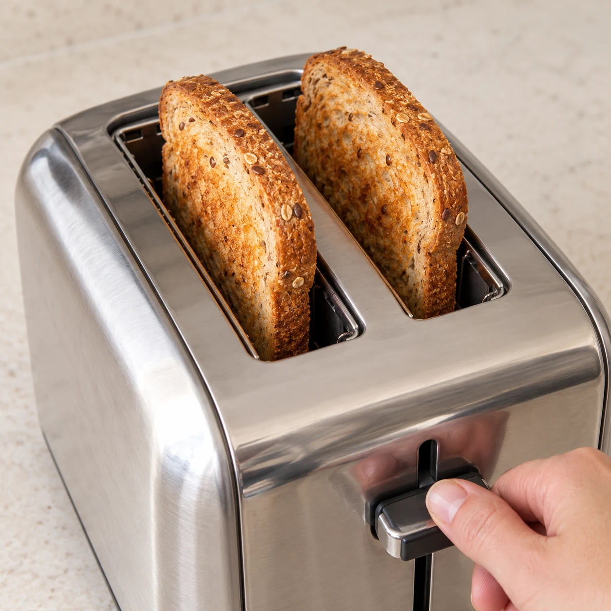 Grille-pain en inox avec deux tranches de pain de mie aux céréales qui dépassent, dorées.