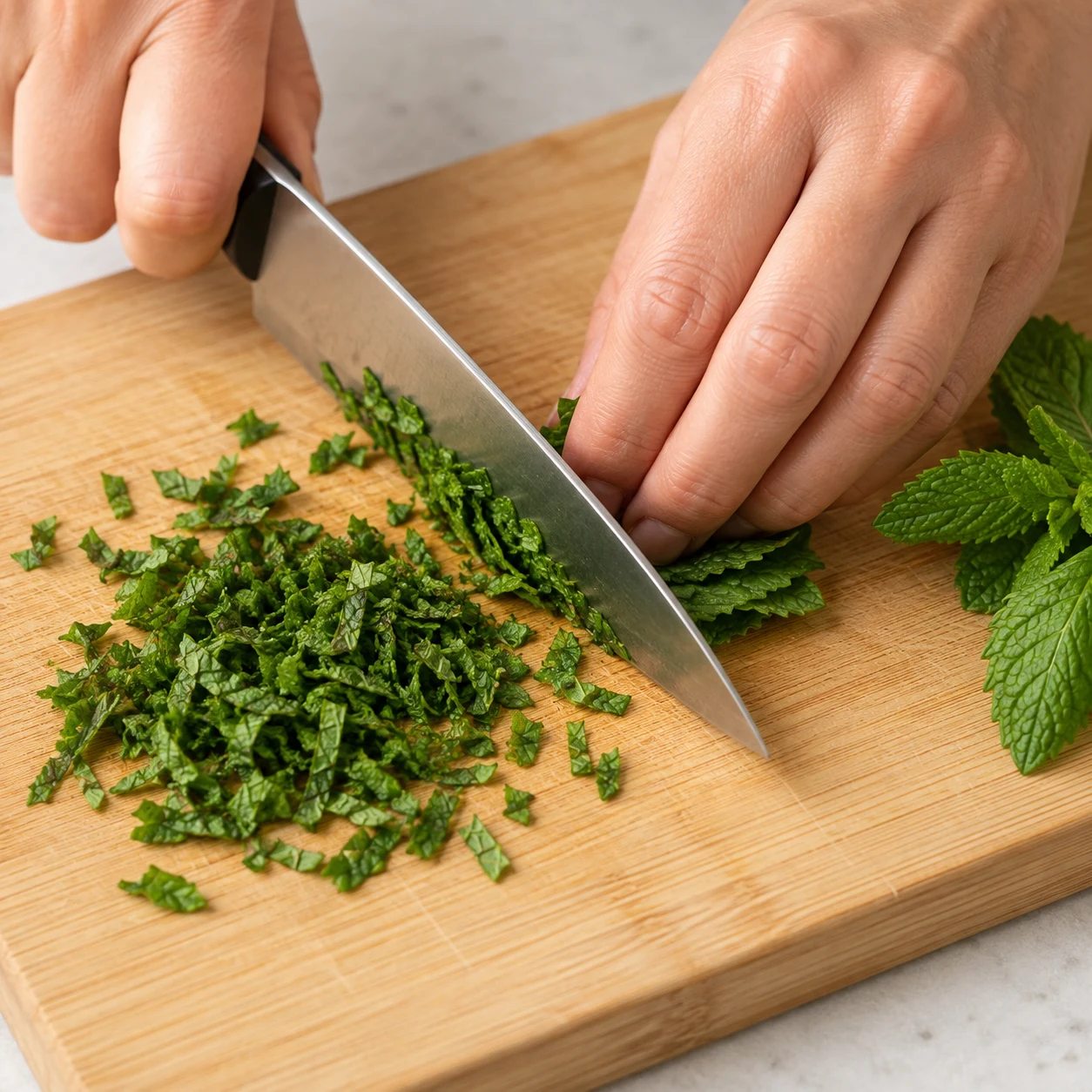 Des mains adultes anonymes cisèlent la menthe fraîche seule sur une petite planche; quelques feuilles déjà hachées montrent la finesse attendue.
