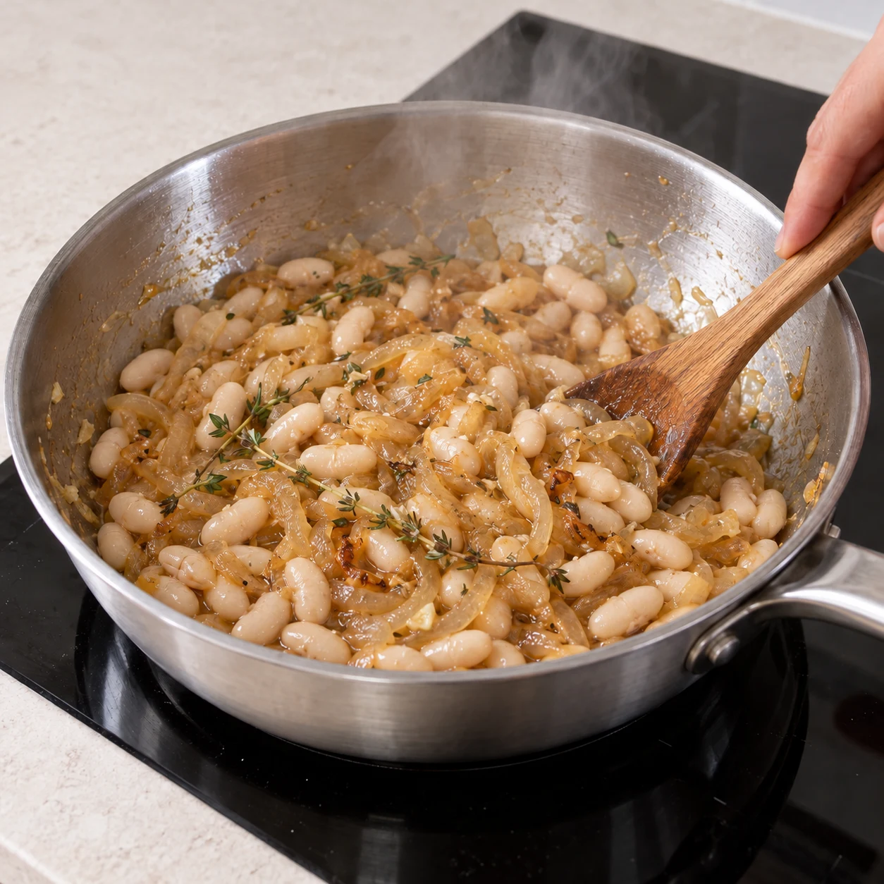 Haricots blancs cuits entiers mêlés aux oignons confits dans la poêle, AVANT ajout de crème, légère vapeur.