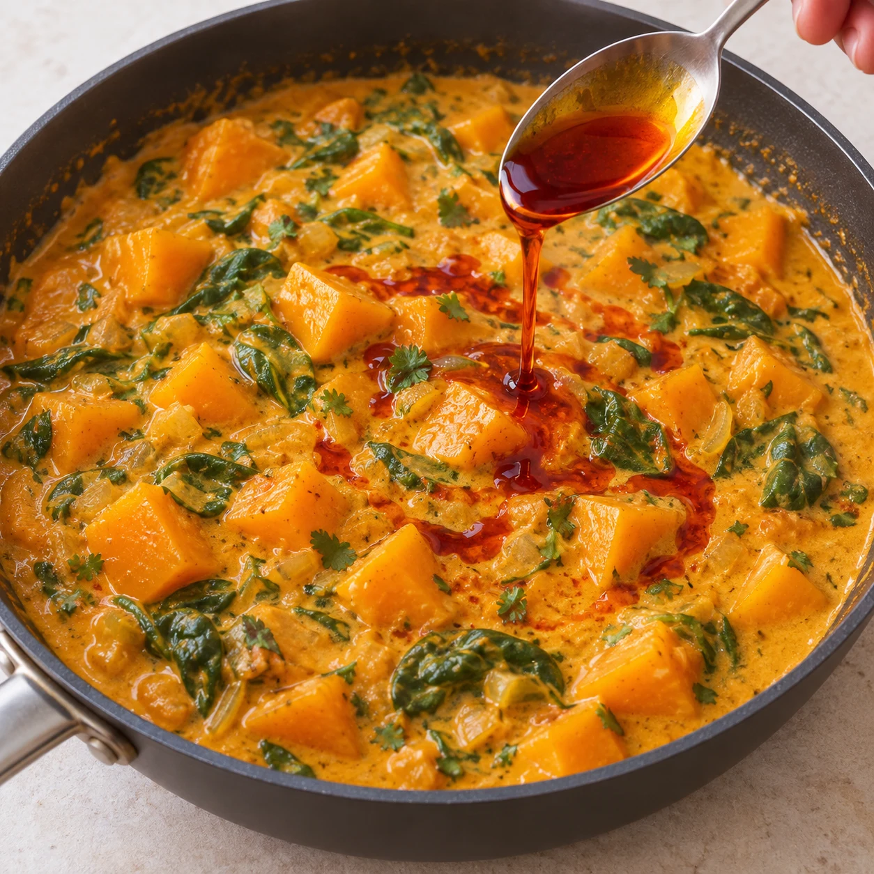Cuillère versant de l’huile pimentée liquide rouge dorée dans le curry ; pas de graines de sésame ni de chili crisp.