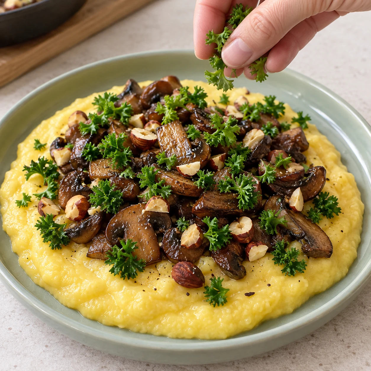 Main anonyme parsemant des petites feuilles de persil frisé sur la polenta et les champignons, noisettes présentes, aucun œuf.