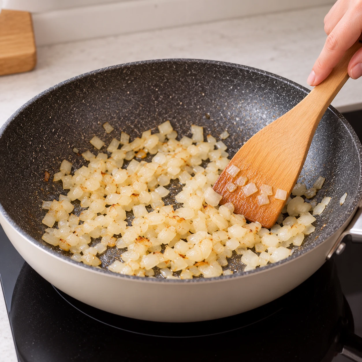 Faites revenir l’oignon dans la sauteuse ; remuez à la spatule jusqu’au début de coloration. La recette d’origine montre l’oignon avant les carottes ; l’ail est râpé ensuite. État attendu : L’oignon commence à colorer sans noircir. Une seule scène de cuisine, sans personne identifiable.