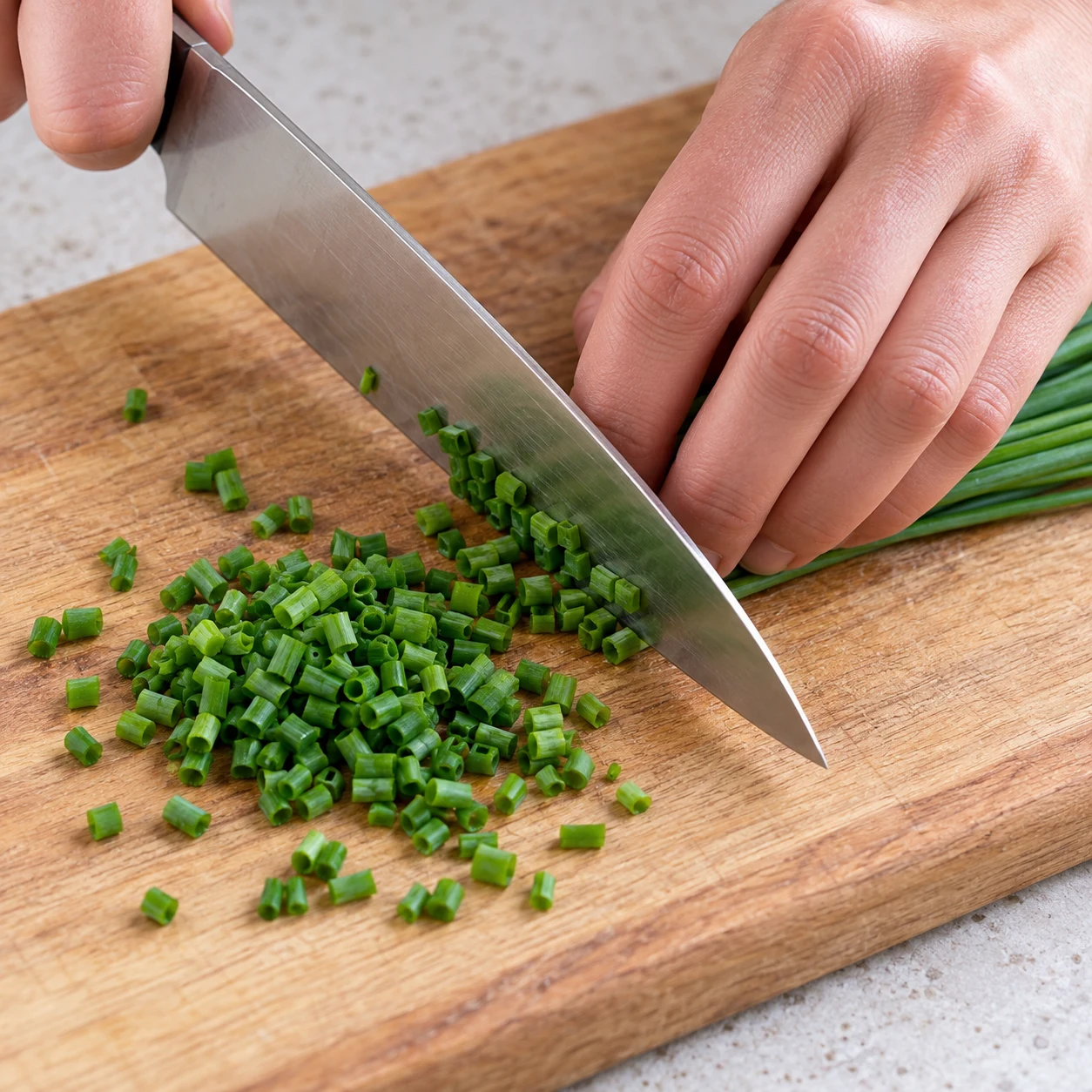 Les brins sont découpés en petits morceaux verts réguliers.