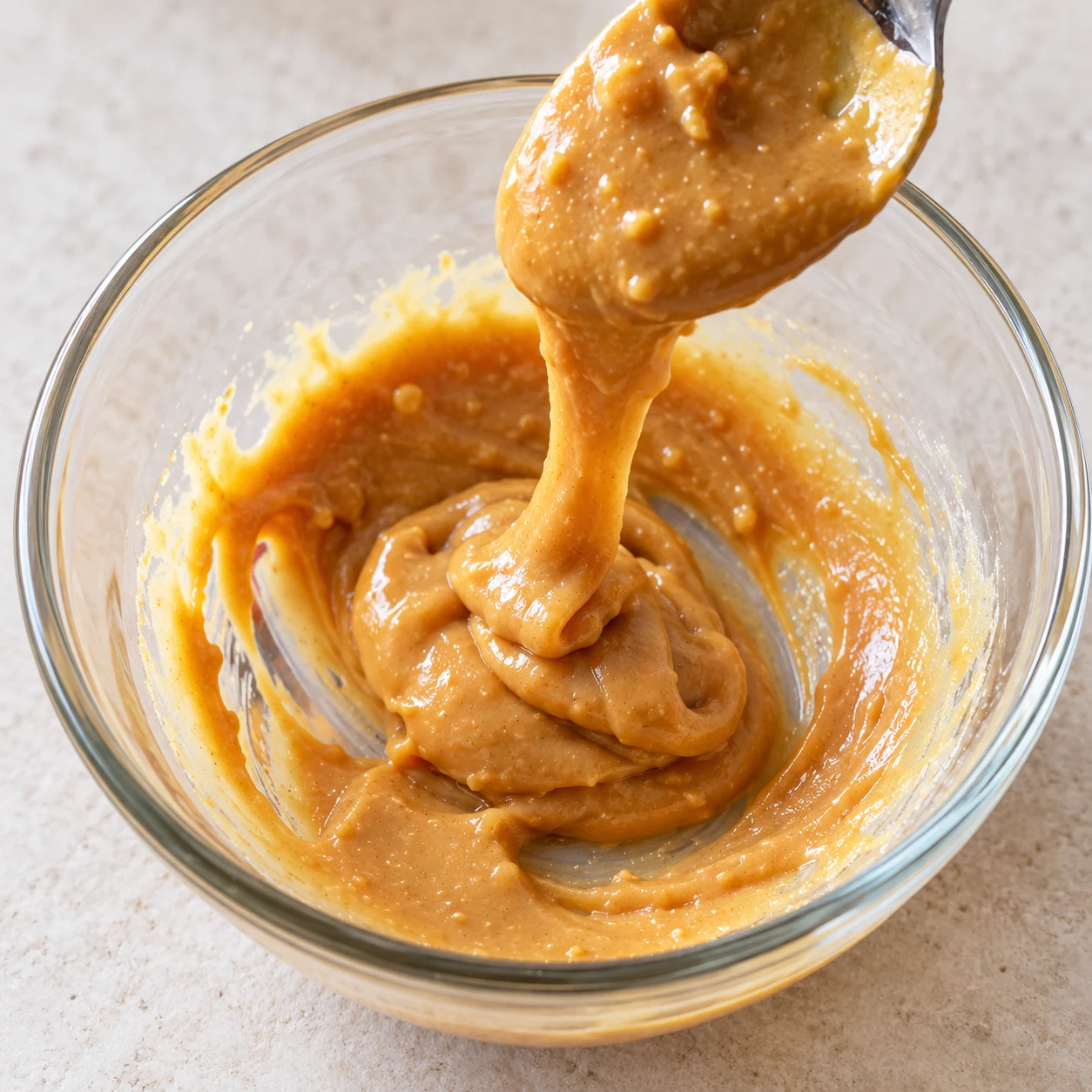 Bol en verre avec un caramel de cacahuète épais et ambré soulevé à la cuillère, qui se décolle des parois.