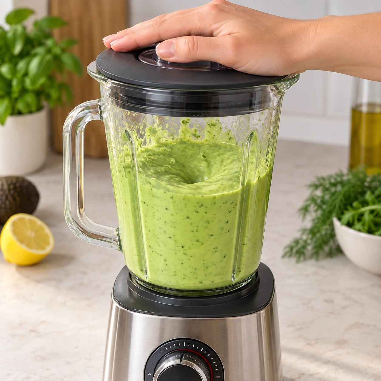 Blender fermé en fonctionnement, sauce avocat verte en train de devenir homogène.