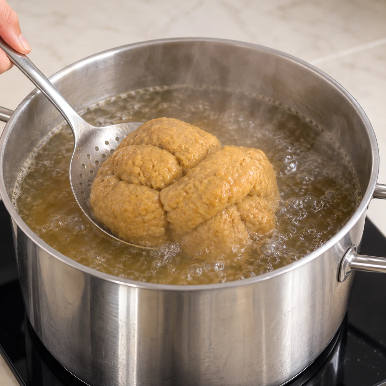 Plonge le nœud de seitan dans l’eau bouillante au bouillon et cuis-le pendant 45 minutes. Montrer une seule phase, les ingrédients seuls et, si nécessaire, des mains anonymes.