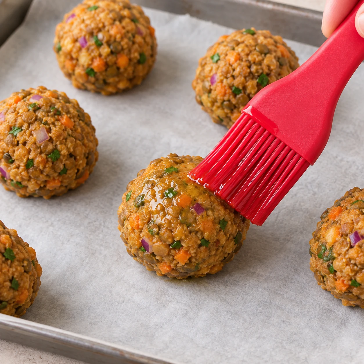 Pinceau badigeonnant une boulette crue rustique sur papier cuisson, lumière naturelle, aucune sauce encore présente.
