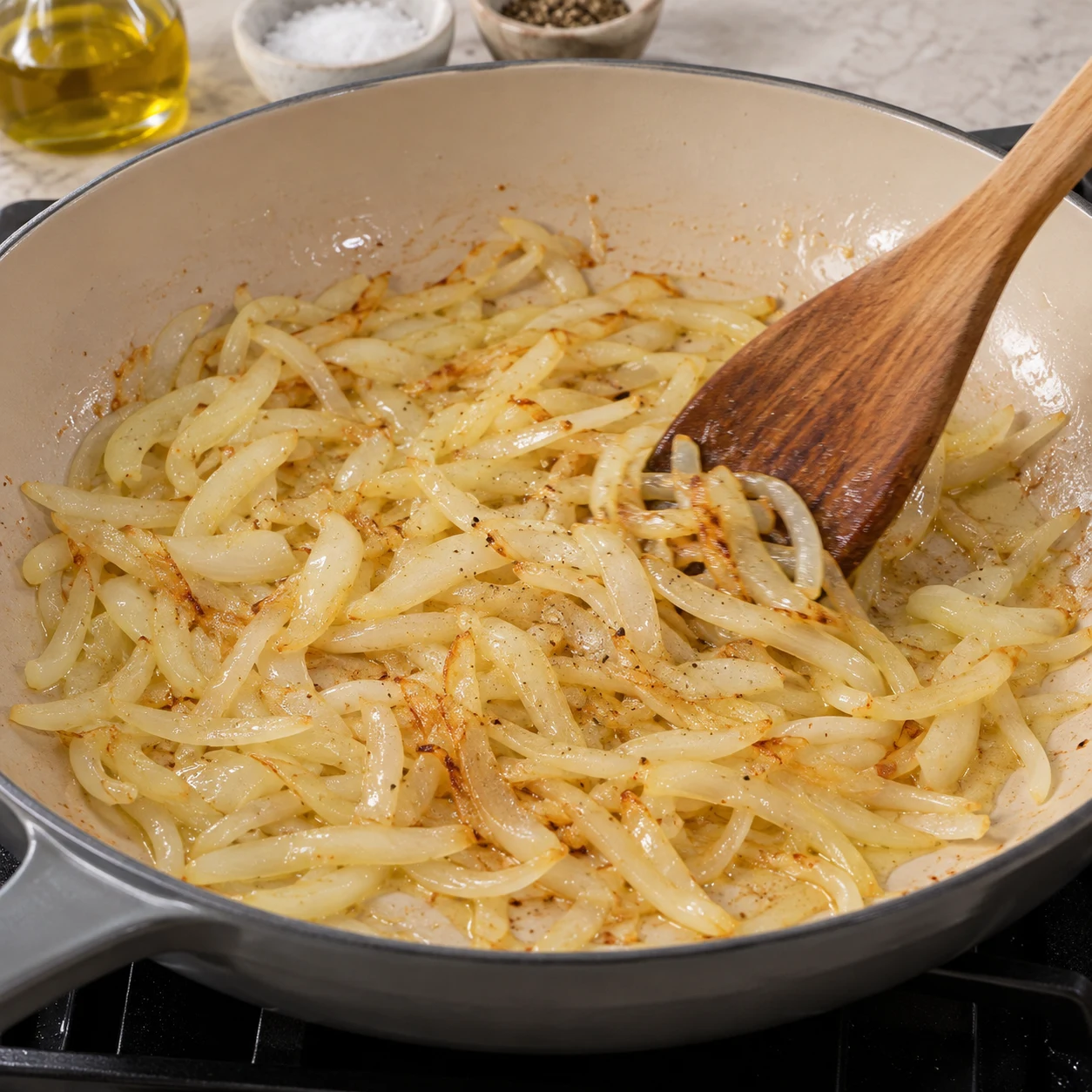 Faites revenir l’oignon dans un filet d’huile d’olive, avec du sel et du poivre, jusqu’à ce qu’il commence à caraméliser. Montrer seulement l’action et cet état de cuisson.