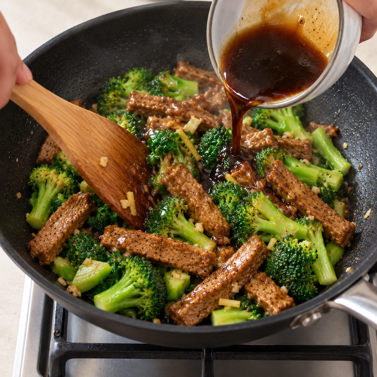 Ajoute le brocoli égoutté et le bol de sauce aux lamelles de steaks de pois. Fais sauter le mélange pendant 1 à 2 minutes, jusqu’à ce que la sauce enrobe les lamelles et les bouquets.