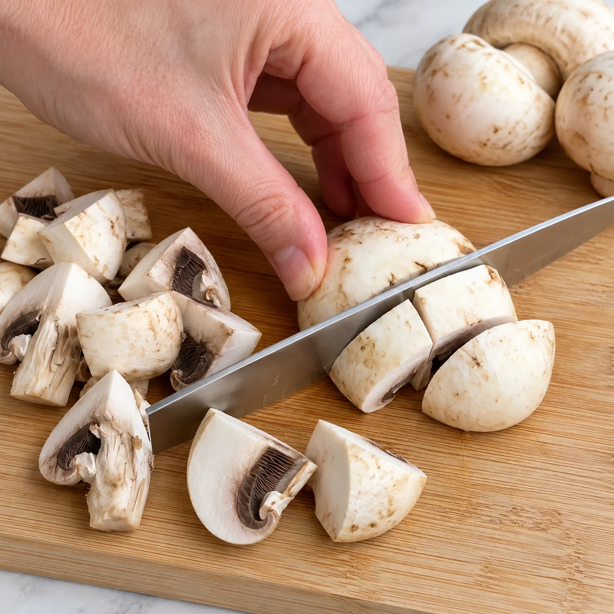 Gros champignon de Paris coupé en quartiers épais sur une planche stable ; prise en griffe sûre.
