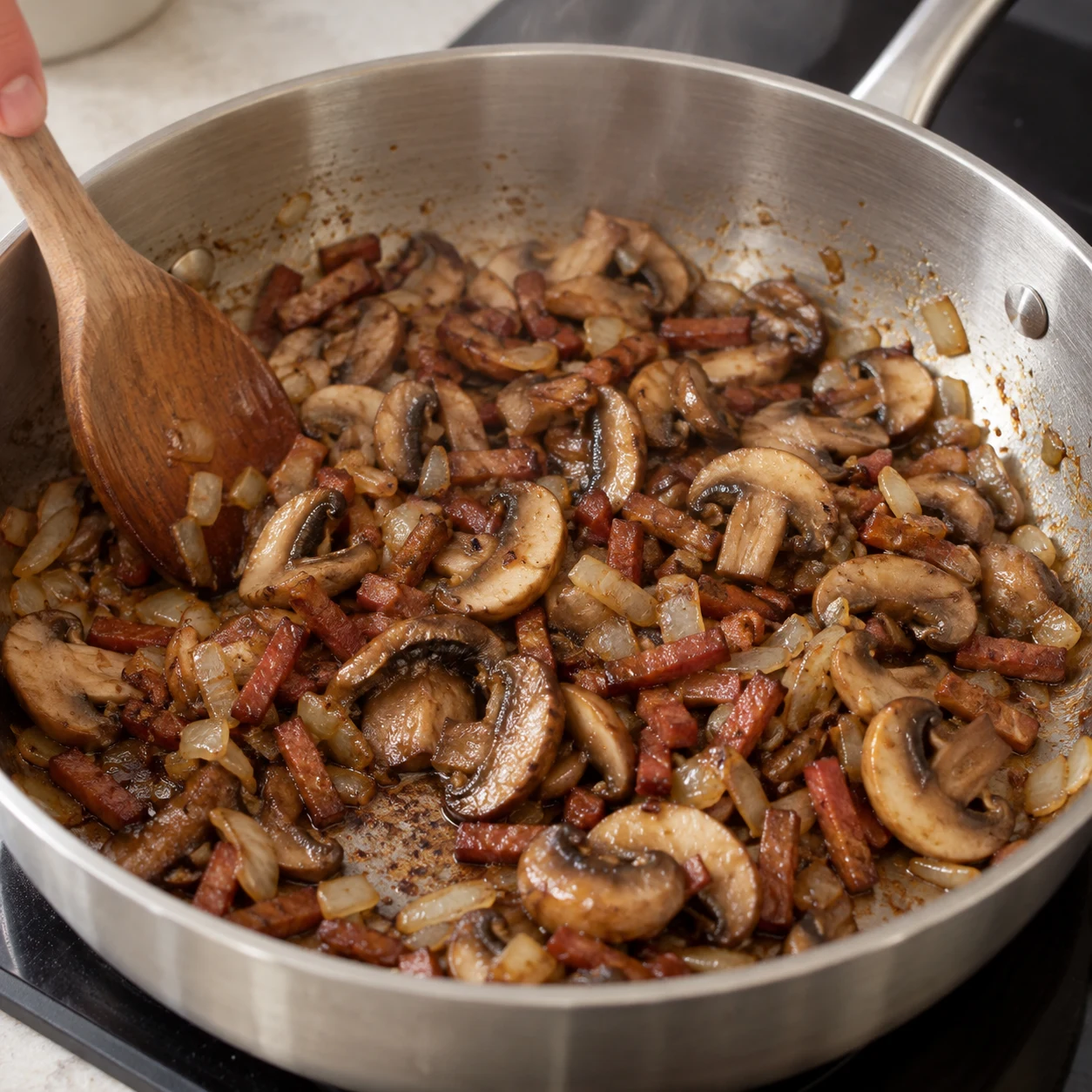Une seule action : Faire réduire les champignons. Les champignons ont diminué de volume et leur eau s’est en grande partie évaporée. Uniquement les ingrédients de cette phase : Oignon, Huile végétale, Lardons végétaux fumés, Champignons de Paris. Allumettes végétales fumées rosées à base de soja ; jamais de tofu ni de miso.