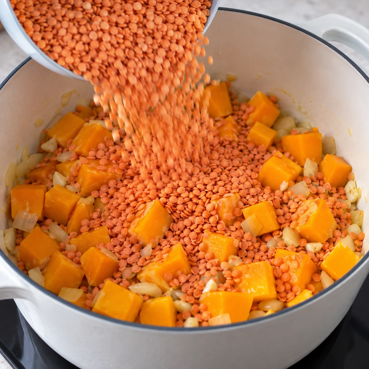 Lentilles corail sèches versées sur les dés de courge dans la cocotte.