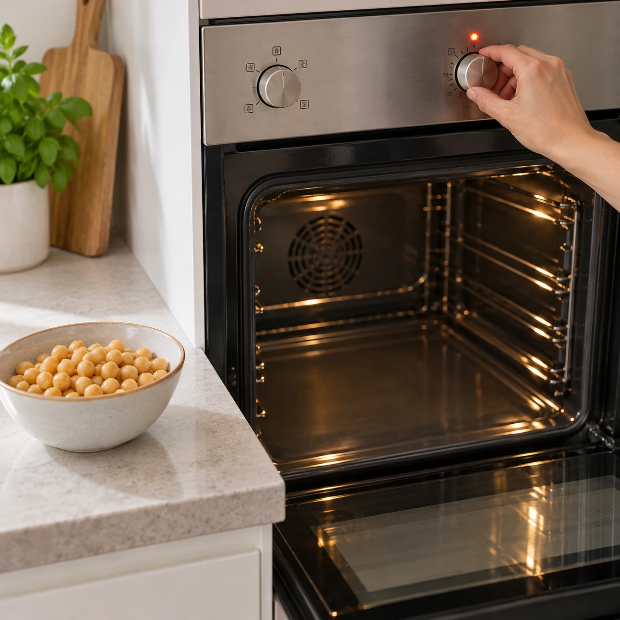 Four vide réglé à 250 °C sans texte lisible sur l’image ; petit bol de pois chiches égouttés sur le plan de travail, pâte pas encore préparée.