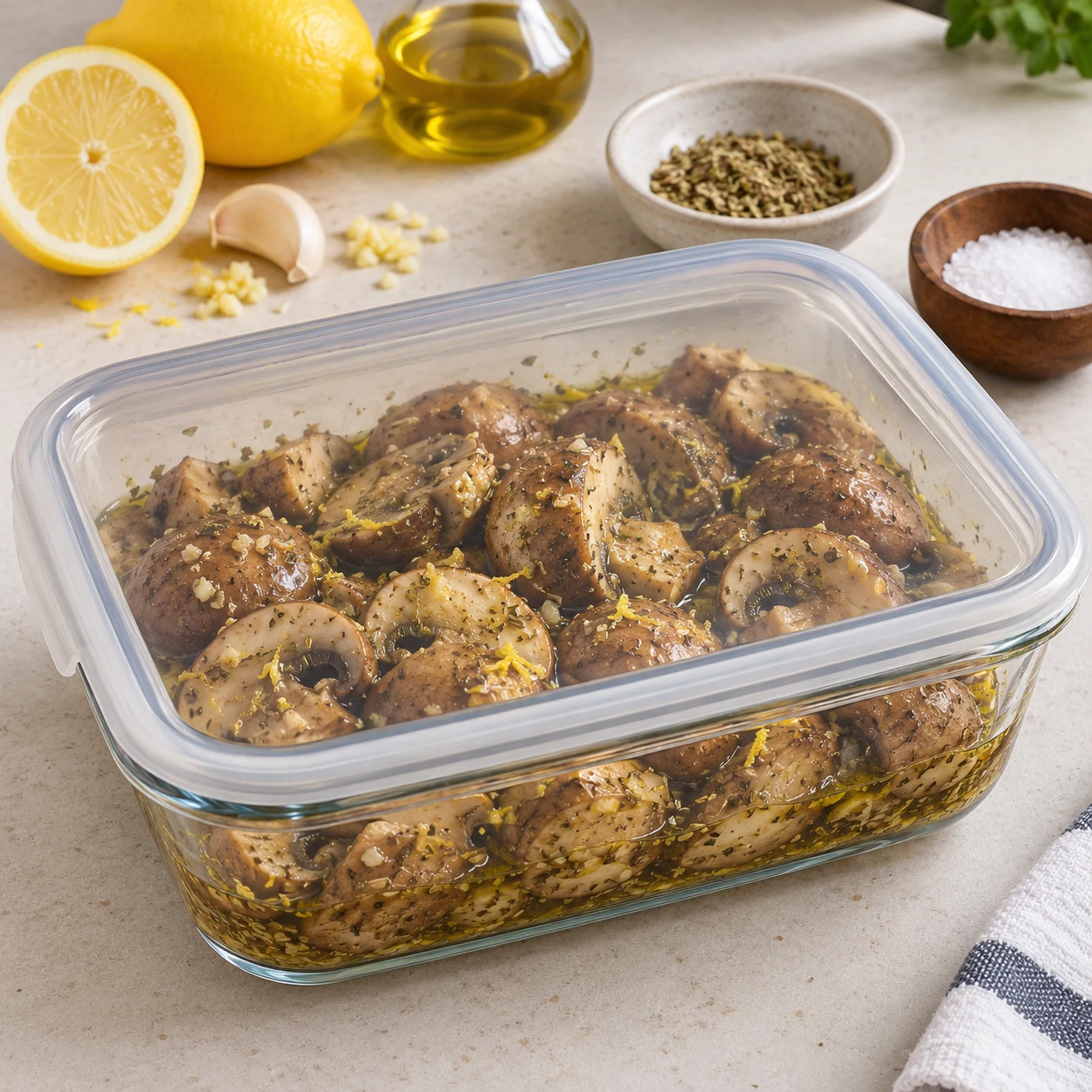 Champignons bruns enrobés de marinade citron origan dans plat couvert.