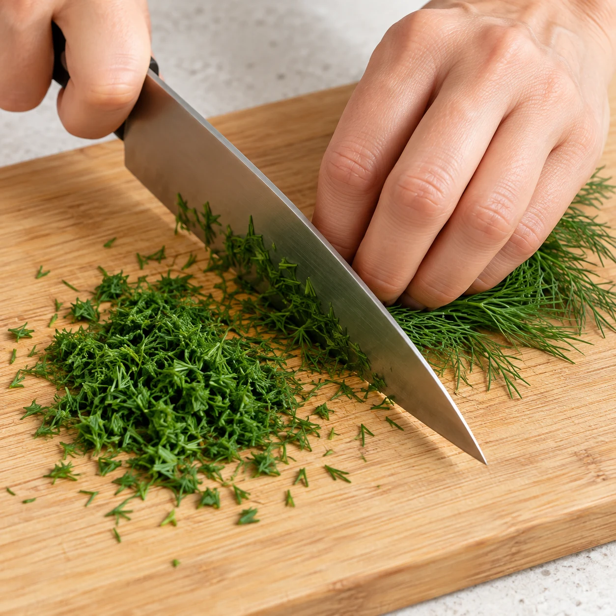 Planche stable, aneth frais seul finement ciselé, couteau et prise sûre en griffe.