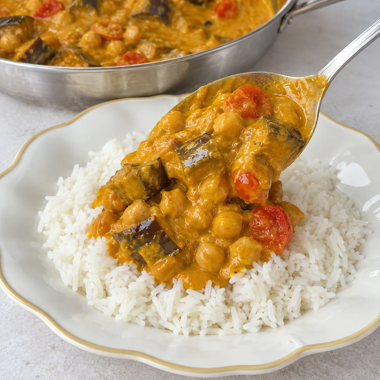 Cuillère déposant le curry jaune orangé d’aubergines et pois chiches sur le riz blanc. Aucun persil à cette étape, il sera ajouté ensuite.
