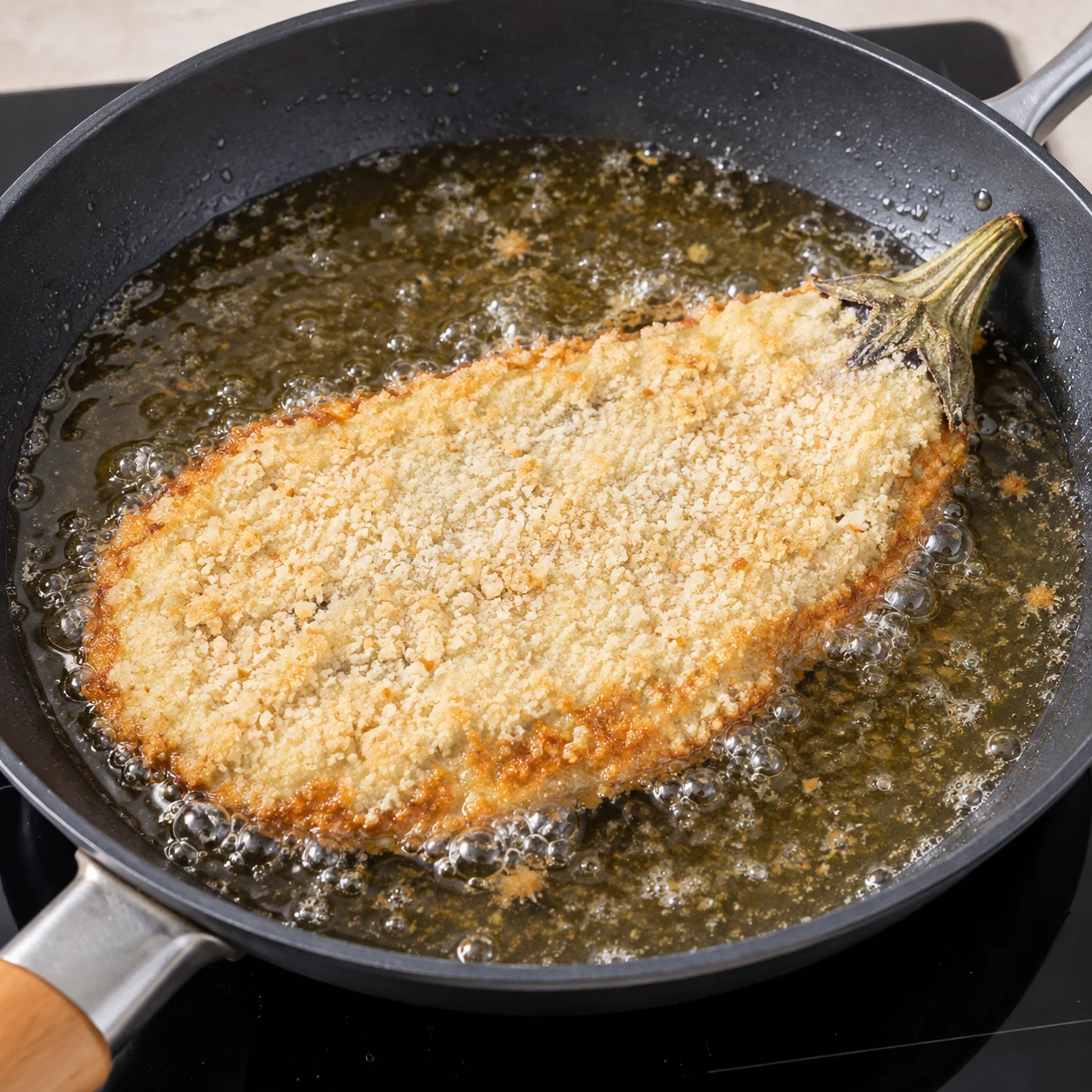 Déposez délicatement l’aubergine panée dans l’huile chaude et faites frire la première face environ 6 minutes, jusqu’à ce qu’elle soit dorée. Montrer une seule phase de préparation, sans texte et sans personne identifiable.