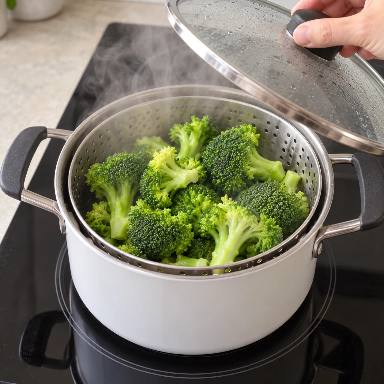 Brocoli vert tendre dans un panier vapeur, vapeur légère, aucun autre aliment.