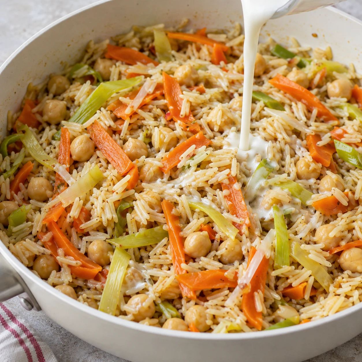 Finir avec la crème végétale. La crème enrobe le riz sans masquer les grains et les légumes.