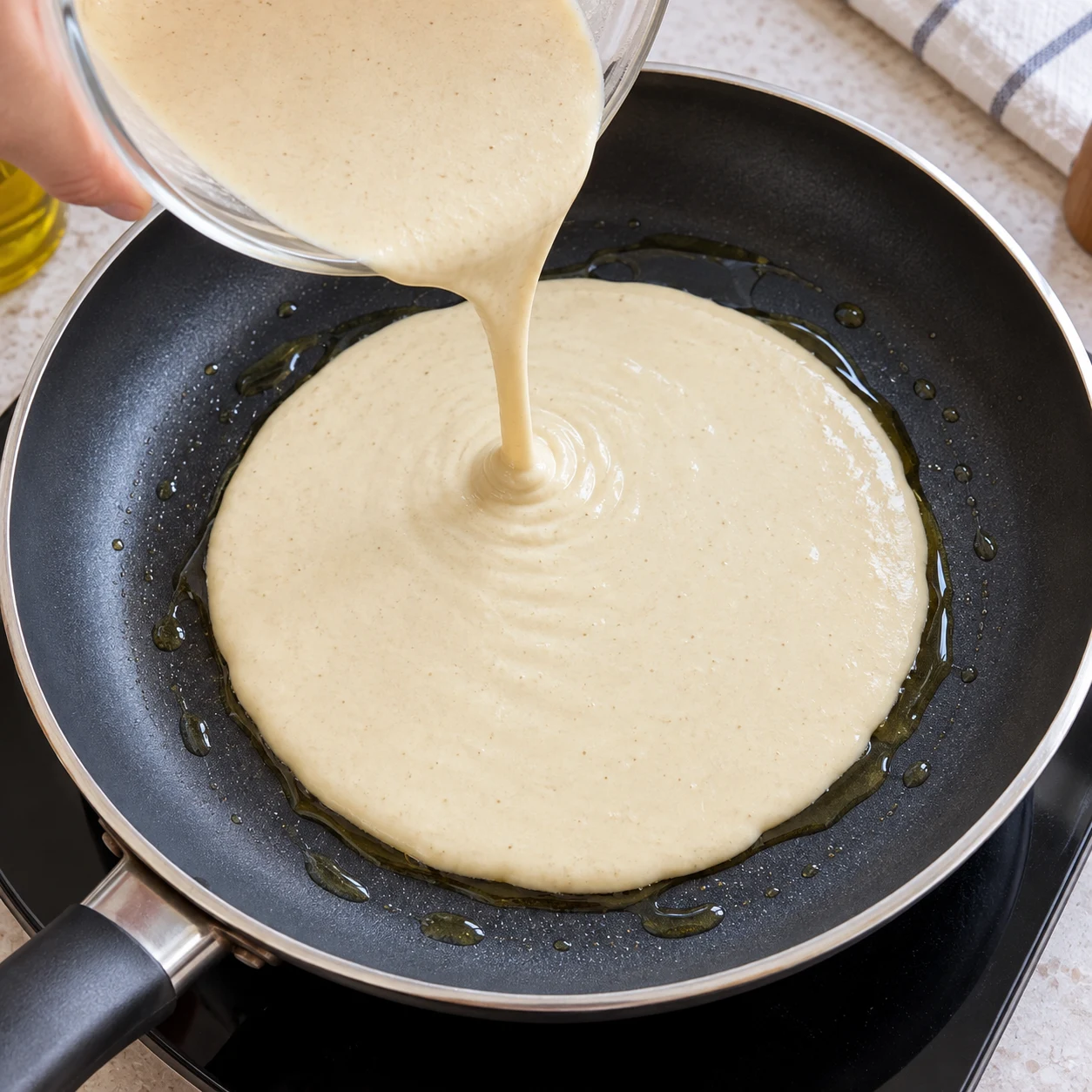 Pâte fluide beige pâle versée depuis le bol transparent dans une poêle huilée, sans garniture.