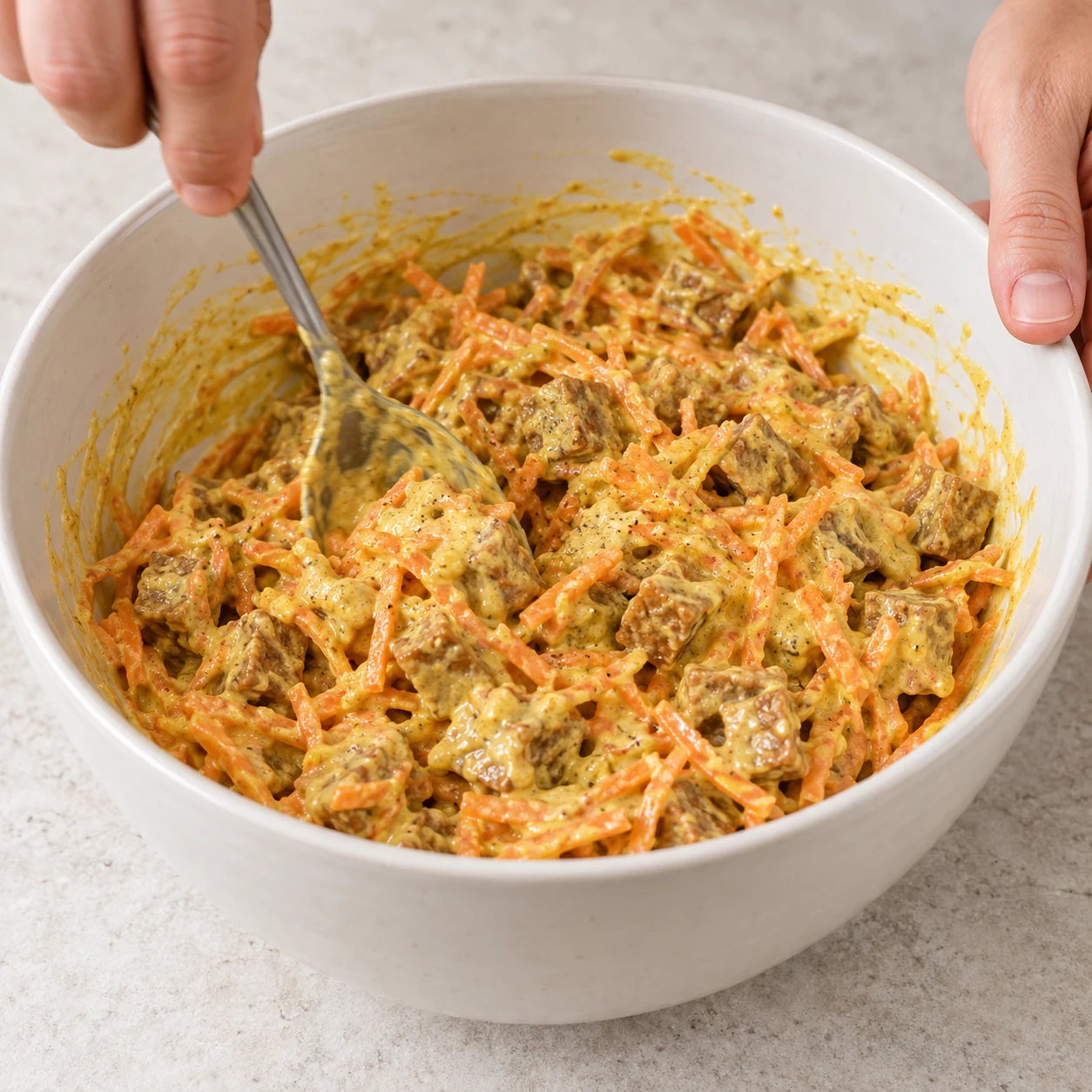 Cuillère mélangeant cubes végétaux bruns et carottes fines dans sauce curry crémeuse, grand saladier neutre.