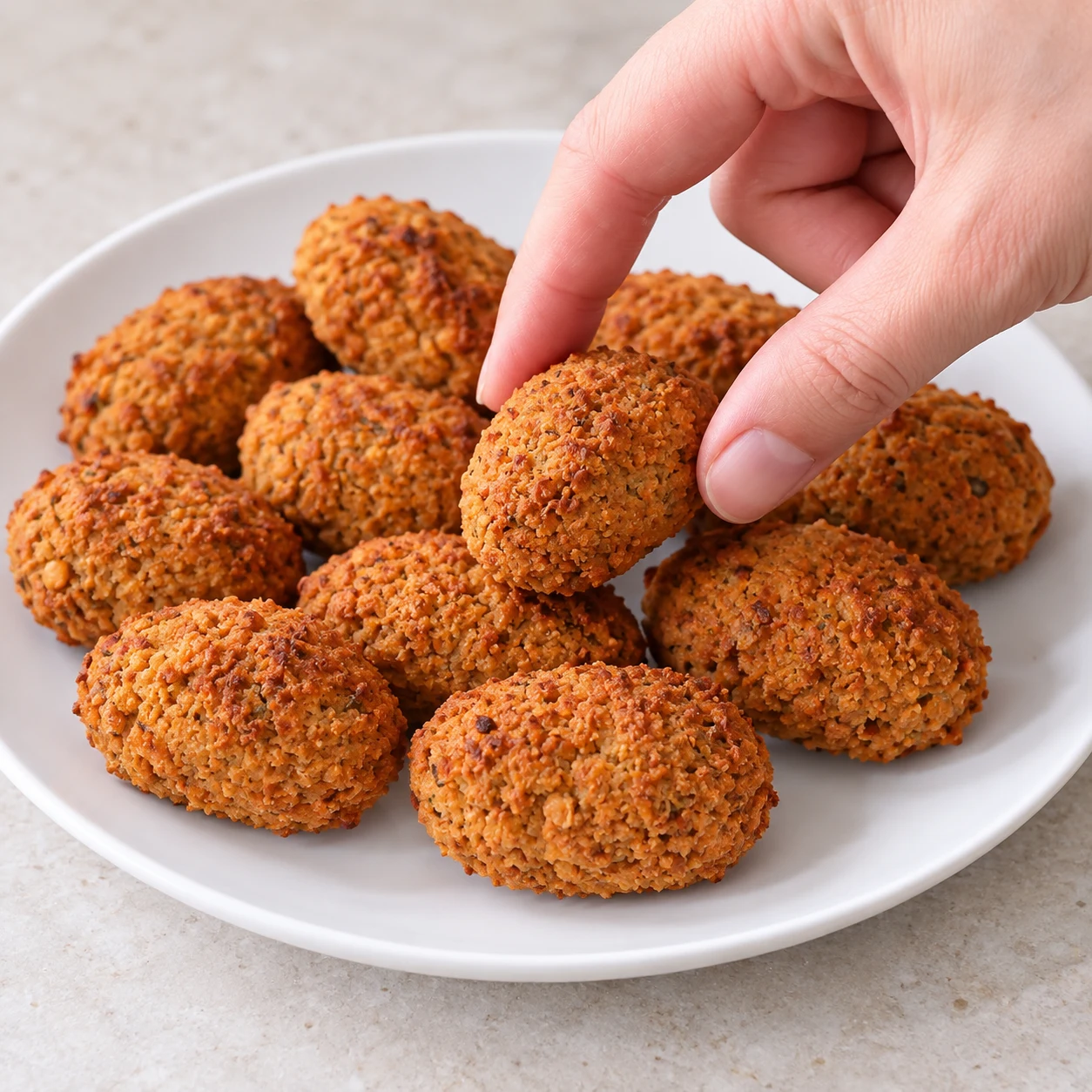 Servir pour l’apéro : Disposez les falafels cuits dans une assiette pour les servir à l’apéro. Résultat visible : Les falafels sont dorés, entiers et prêts à être servis. Une seule photo carrée de cette phase exacte ; aucun dip, garniture ou ingrédient futur.