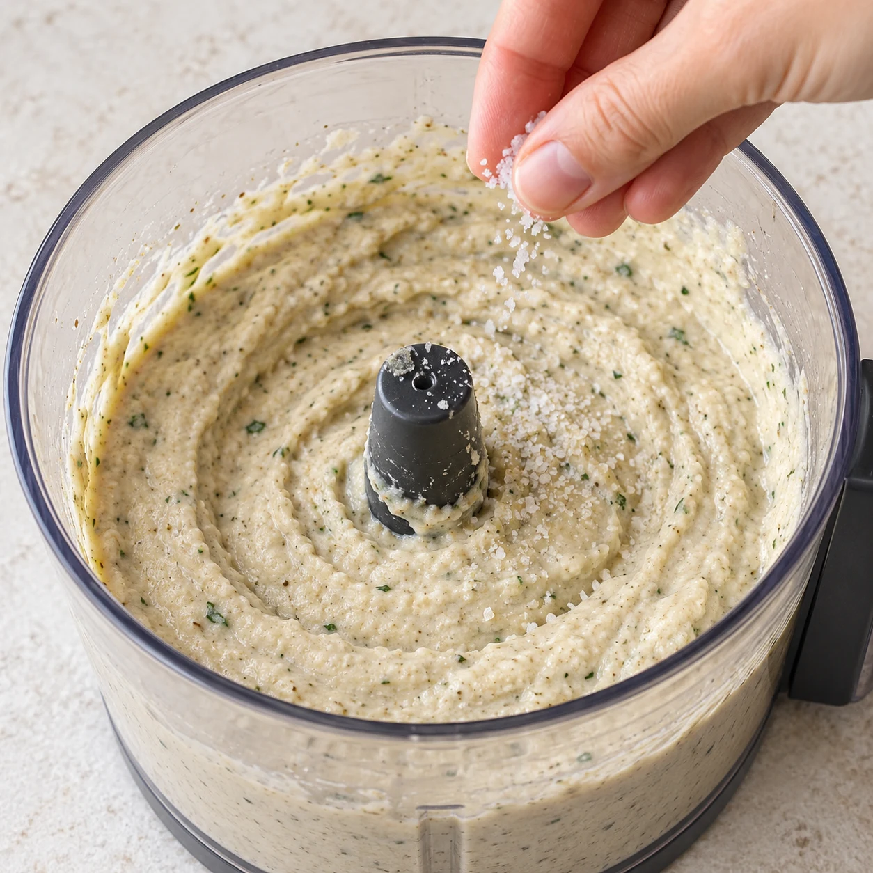 Main ajoutant une petite pincée de sel à la crème mixée beige mouchetée ; aucun persil ou frite.